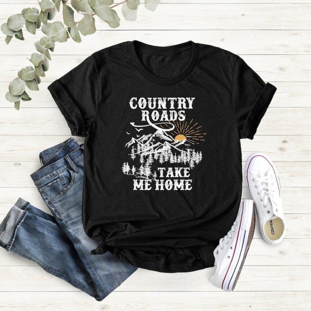 Country Roads Take Me Home Graphic T-Shirt Camping Hiking Outdoor Nature Tee - Picture 1 of 4